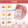 A set of 20 food flash cards featuring pictures and words like cookies, hamburger, porridge, sausage, honey, and fruits.