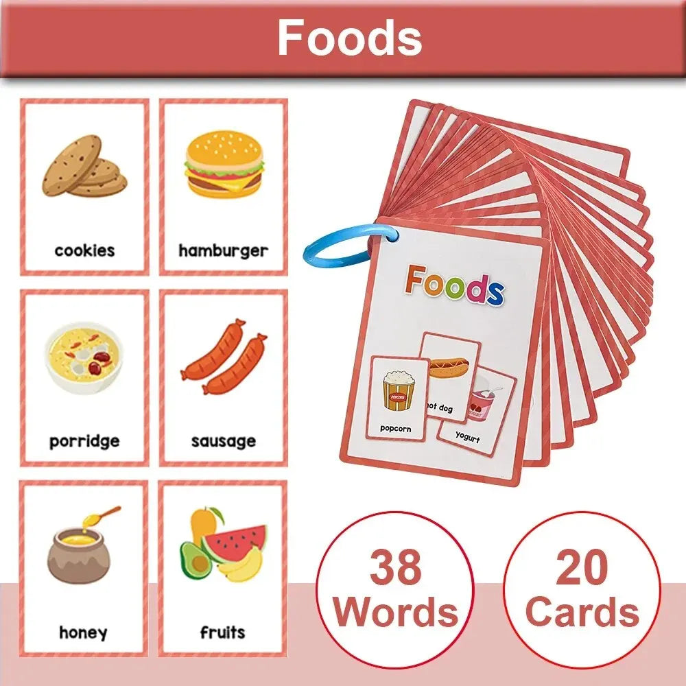 A set of 20 food flash cards featuring pictures and words like cookies, hamburger, porridge, sausage, honey, and fruits.