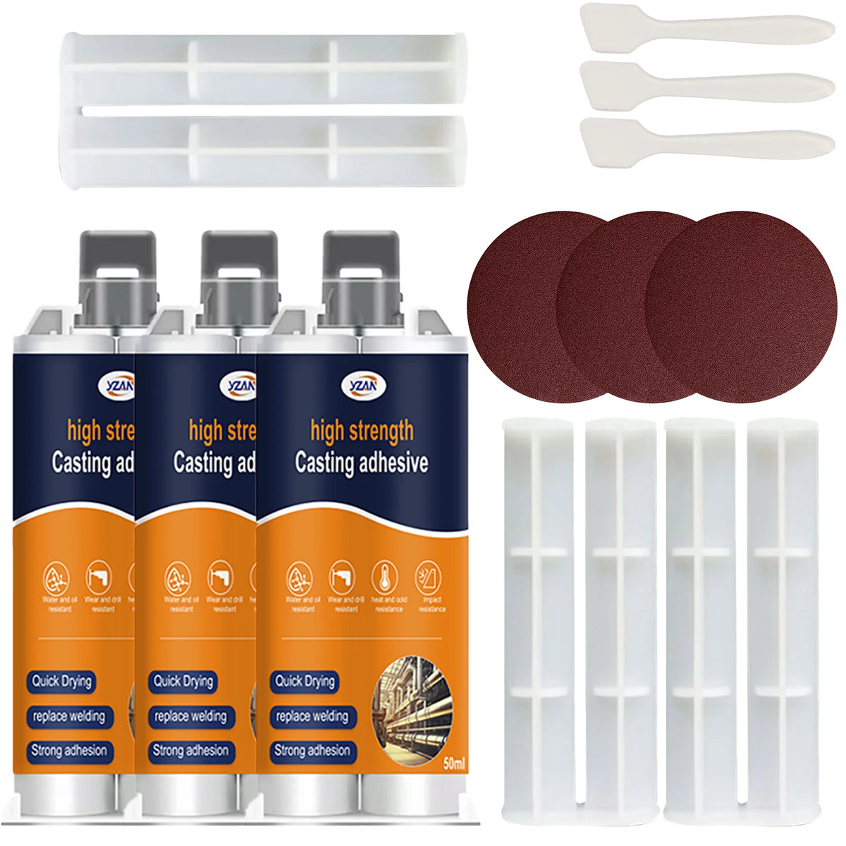 A set of heavy duty epoxy casting adhesive tubes and silicone molds for casting resin products.