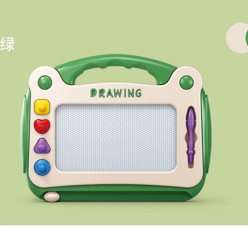 A green magnetic drawing board for kids with a clear grid and an eraser pen.