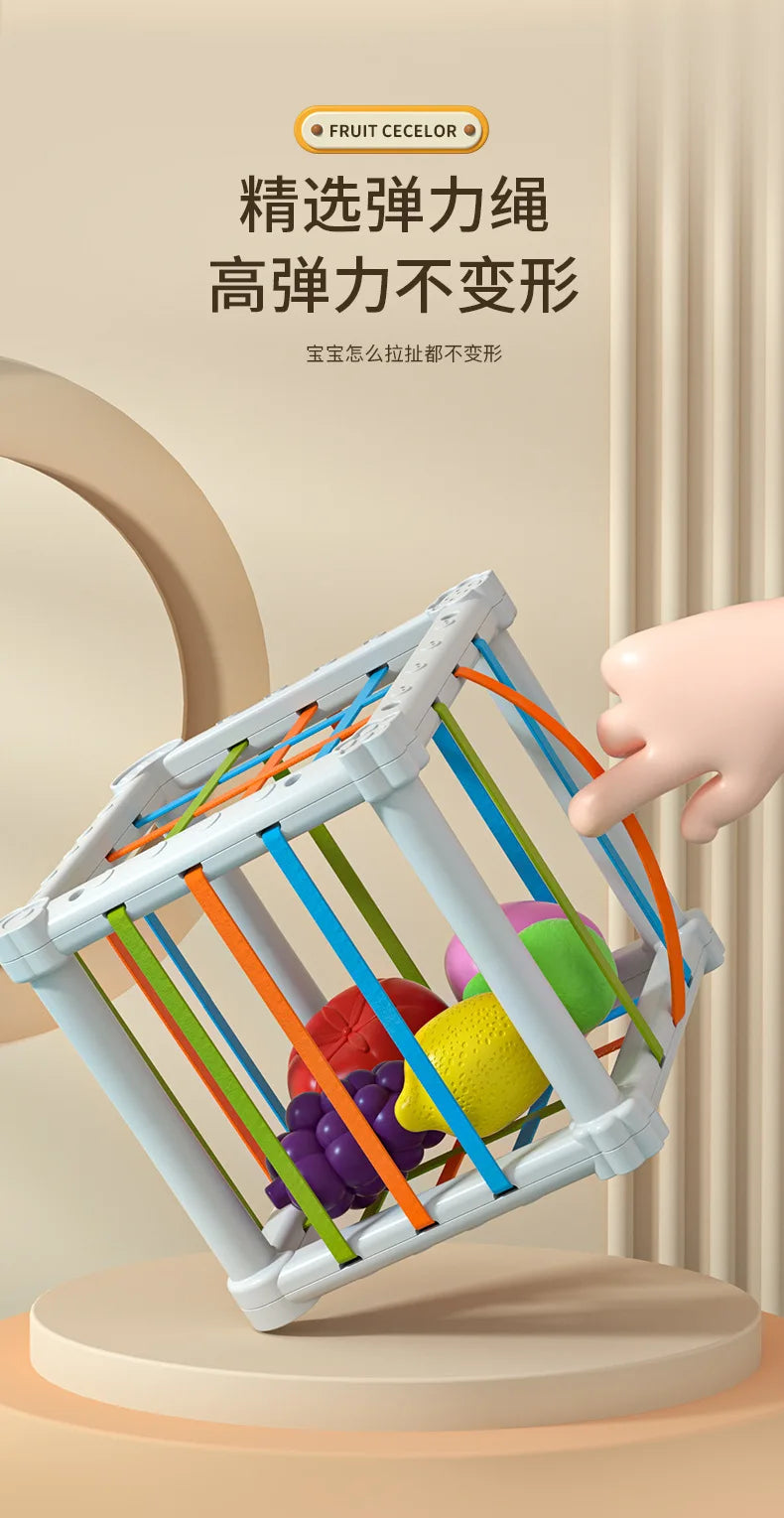 A white rainbow shape sorter cube with colorful elastic bands is shown being held by a hand.