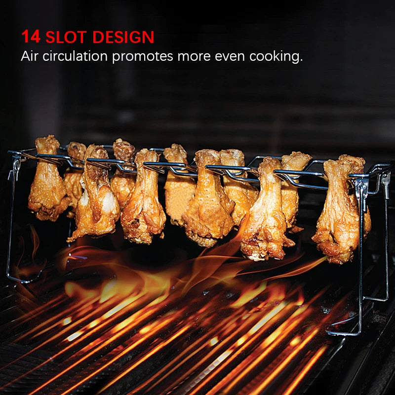 Stainless Steel 14-Slot BBQ Grill Rack for Chicken Drumsticks, Wings & More