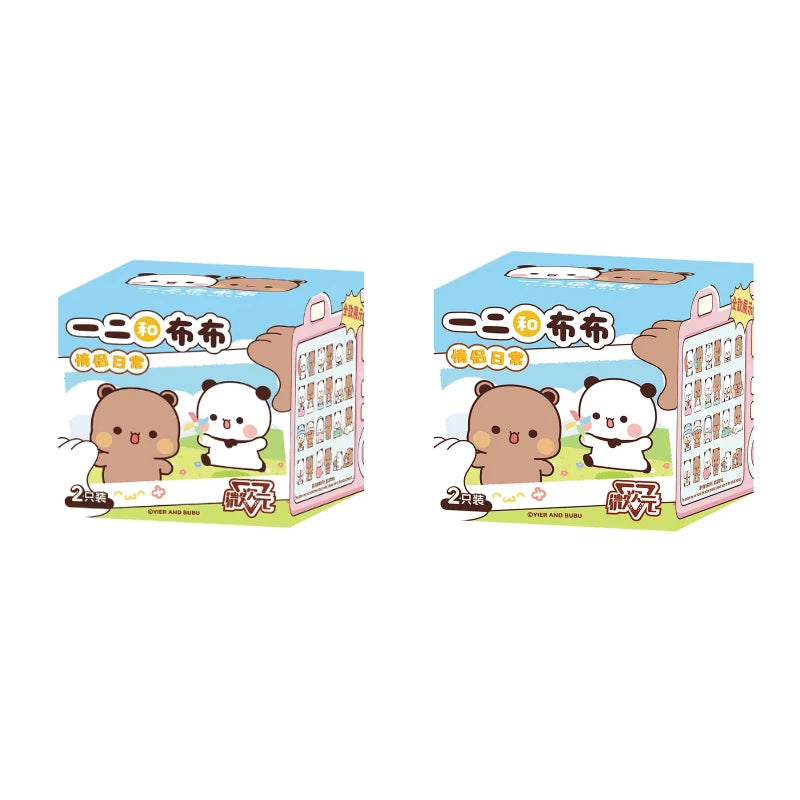 A blind box featuring two cute bear figurines in a pink and blue packaging design.