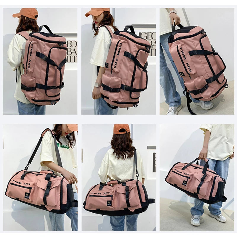 A large pink tactical nylon backpack shown from various angles being worn by a woman.