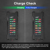 A battery tester shows charging and fully charged states with LED indicators for a 12V/24V car battery.