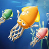 Three colorful octopus toys floating in blue water, featuring lights and tentacles.