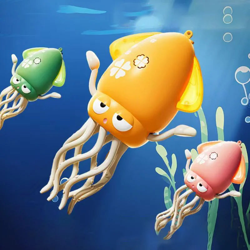 Three colorful octopus toys floating in blue water, featuring lights and tentacles.