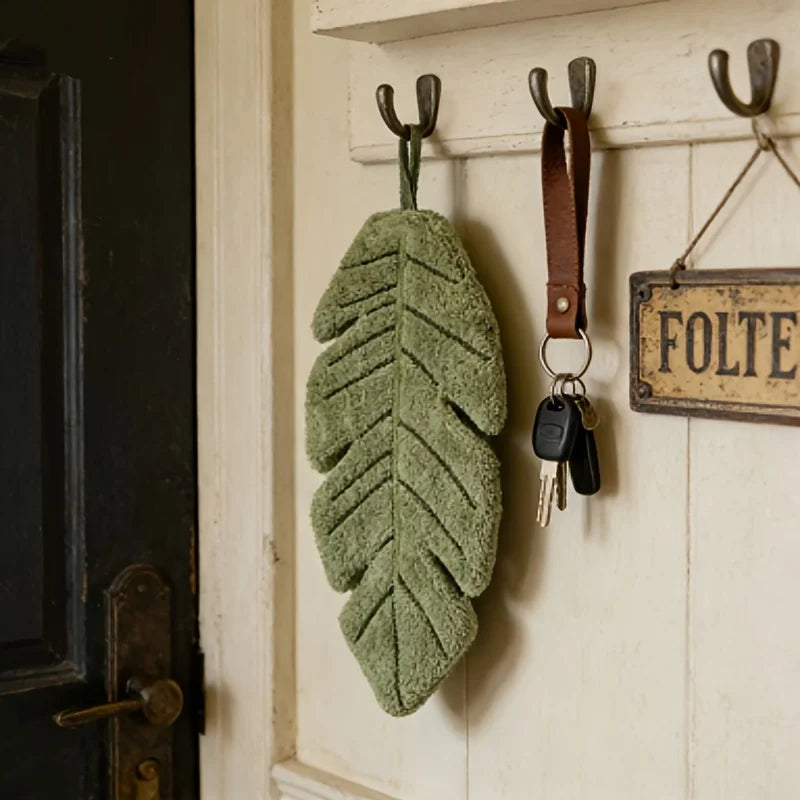 A green banana leaf absorbent hand towel is hanging on a wooden wall with leather straps and keys.