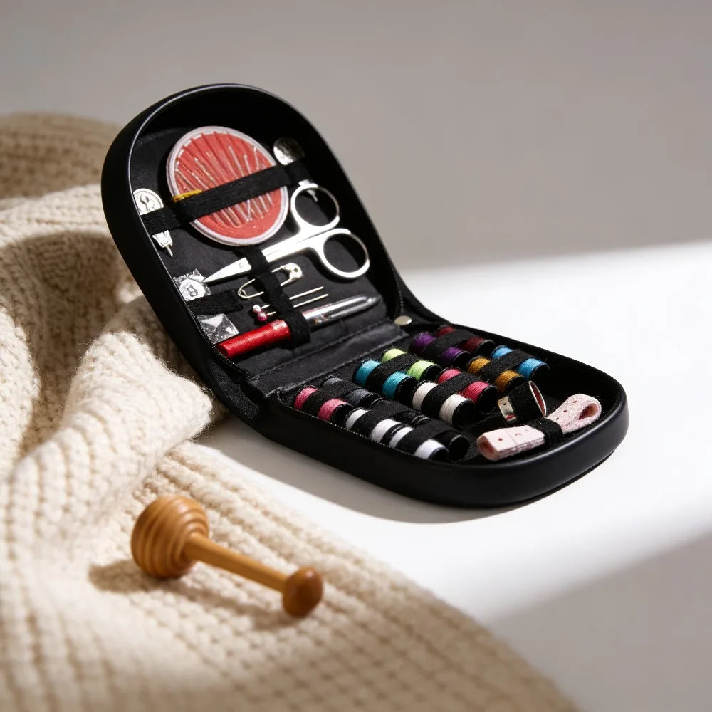 A black compact travel sewing kit with various tools is displayed on a beige knitted fabric.