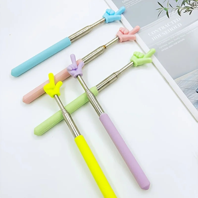 A set of five colorful retractable teacher pointers with various colored tips displayed on a white background.