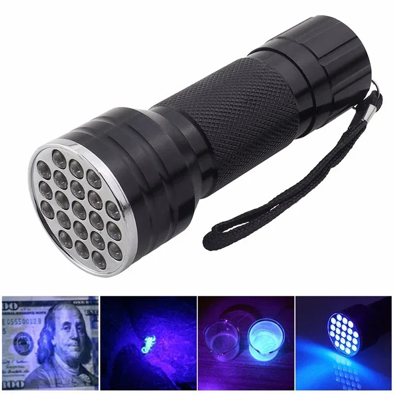 A black rechargeable UV flashlight with a textured grip and a circular light source, shown alongside examples of pet stains a