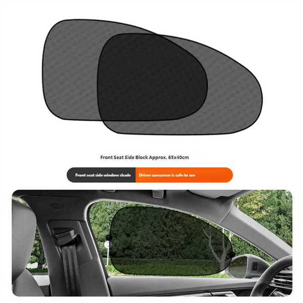 A black folding sunshade is shown placed on a car's front seat window.
