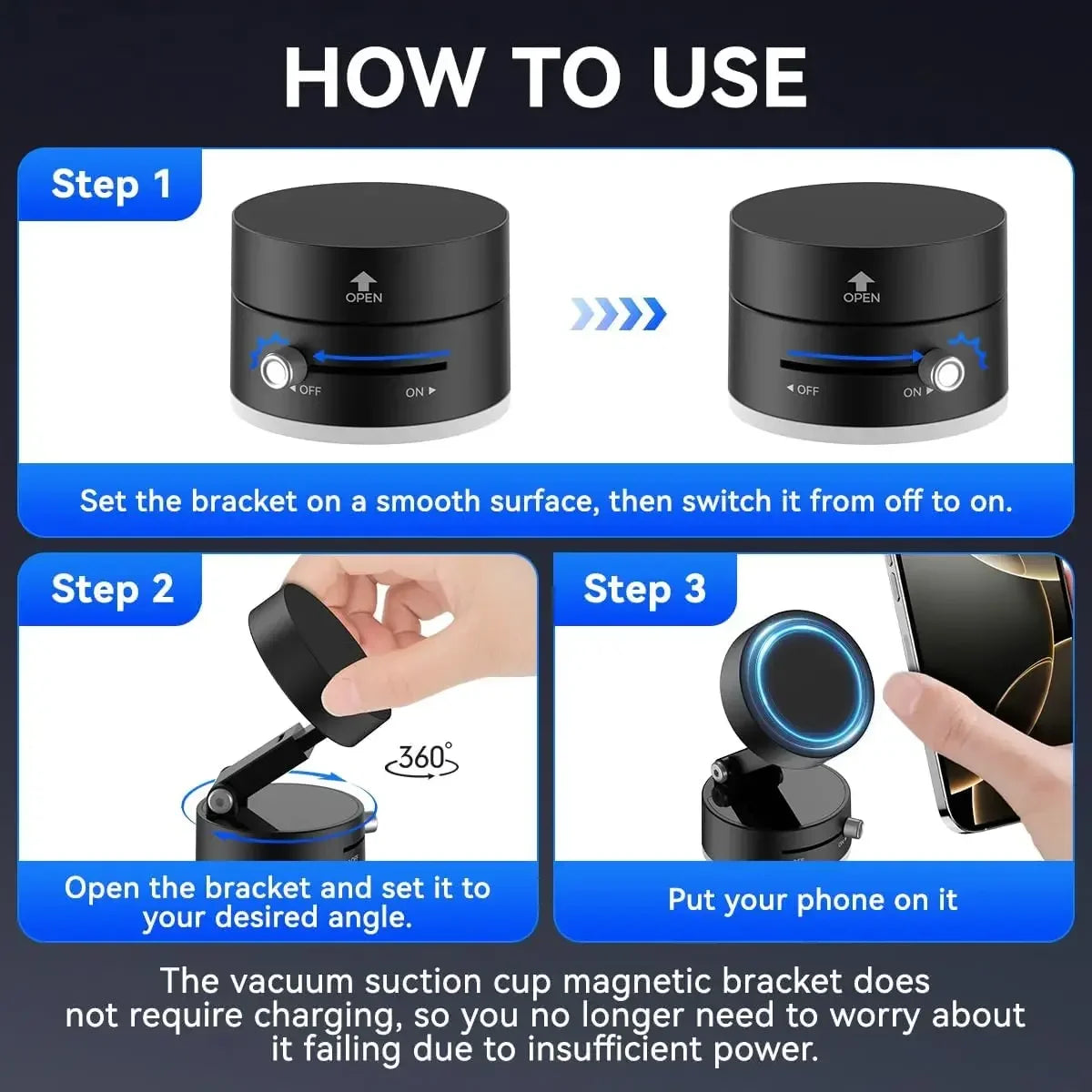Instructions show how to use a 360 degree magnetic suction cup phone mount for hands-free holding.