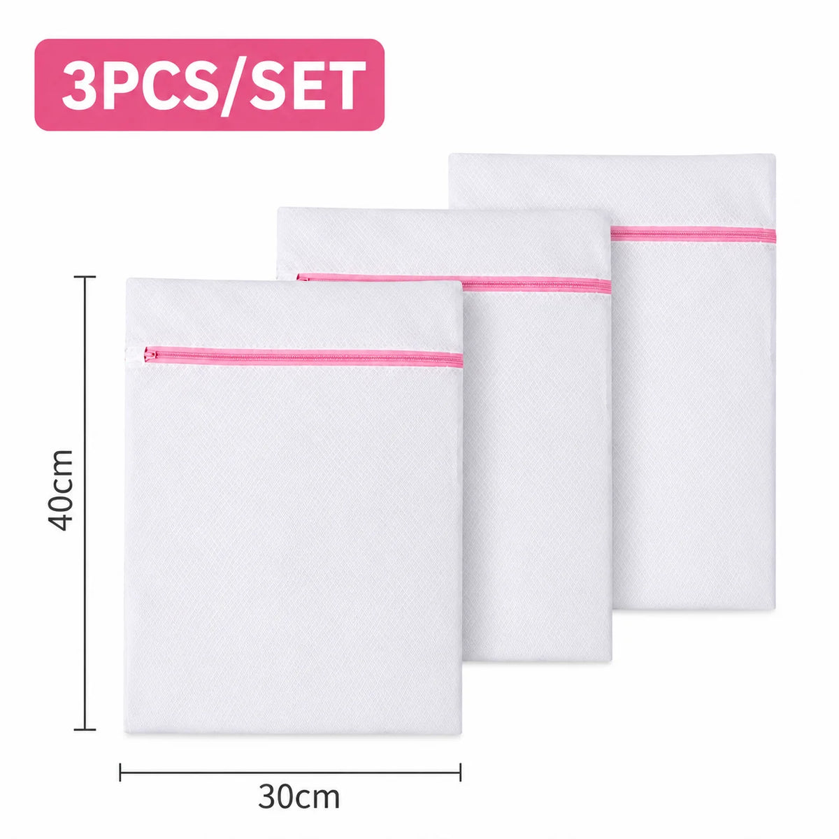 A set of three white mesh laundry bags with pink trim are displayed, showing their size and packaging.