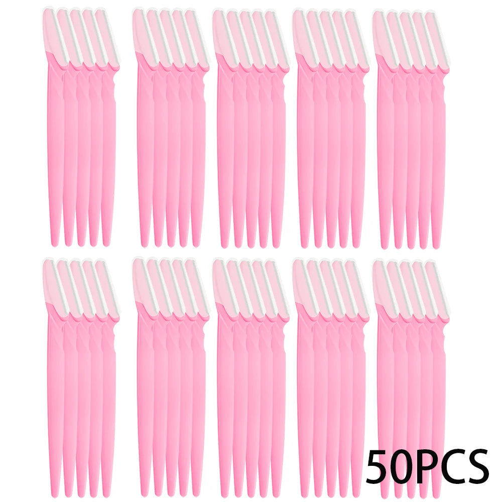 A set of 50 precision pink plastic eyebrow razors for facial grooming and dermaplaning