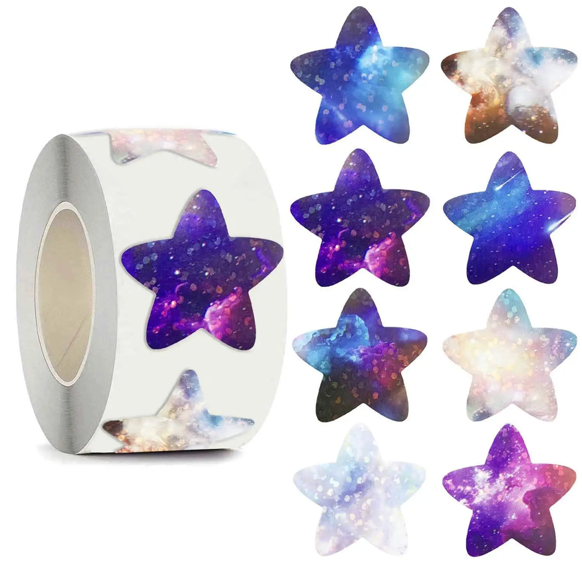 Roll of 500 glitter star stickers featuring various colors and shades for crafts and gifts