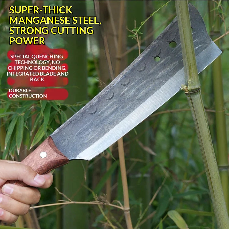 A close-up of a super-thick manganese steel knife with a wooden handle, shown outdoors.