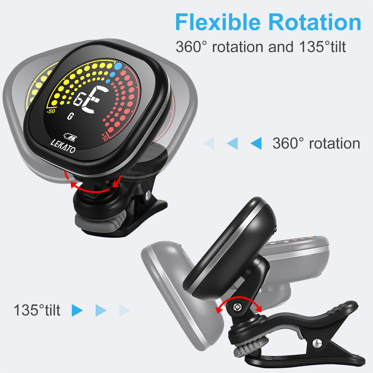 Rechargeable Clip-On Tuner for Guitar, Bass, Ukulele & Violin