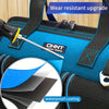 A blue heavy-duty tool bag showing a zipper, a screwdriver, and a close-up of waterproof coating.