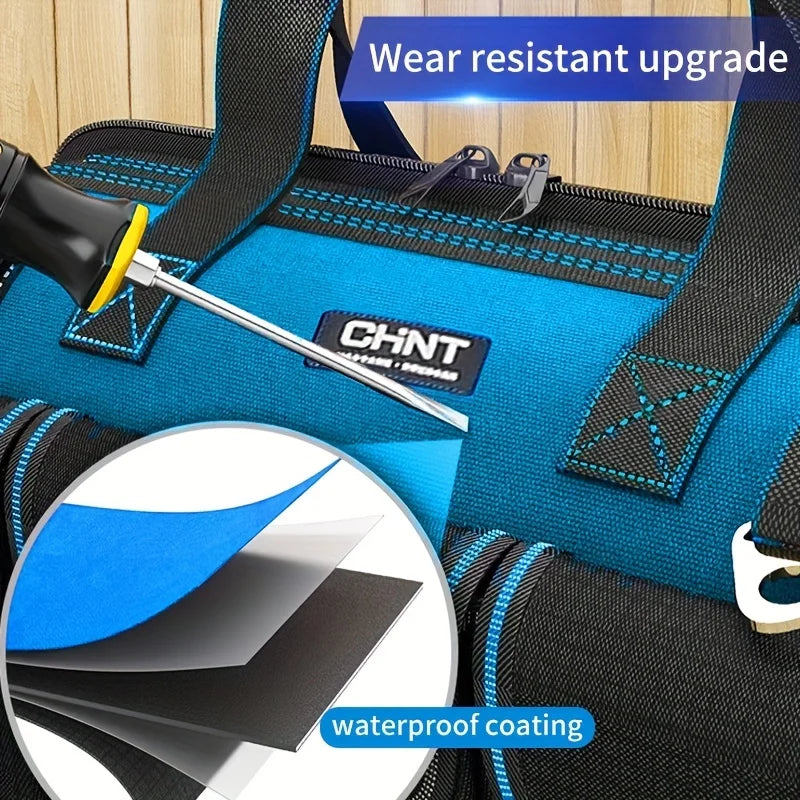 A blue heavy-duty tool bag showing a zipper, a screwdriver, and a close-up of waterproof coating.