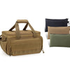 A heavy-duty tool bag in olive green fabric with a padded handle and multiple storage pockets, shown next to three folded bag