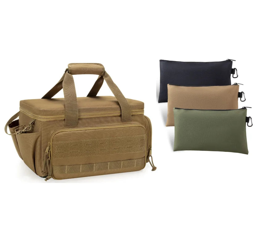 A heavy-duty tool bag in olive green fabric with a padded handle and multiple storage pockets, shown next to three folded bag