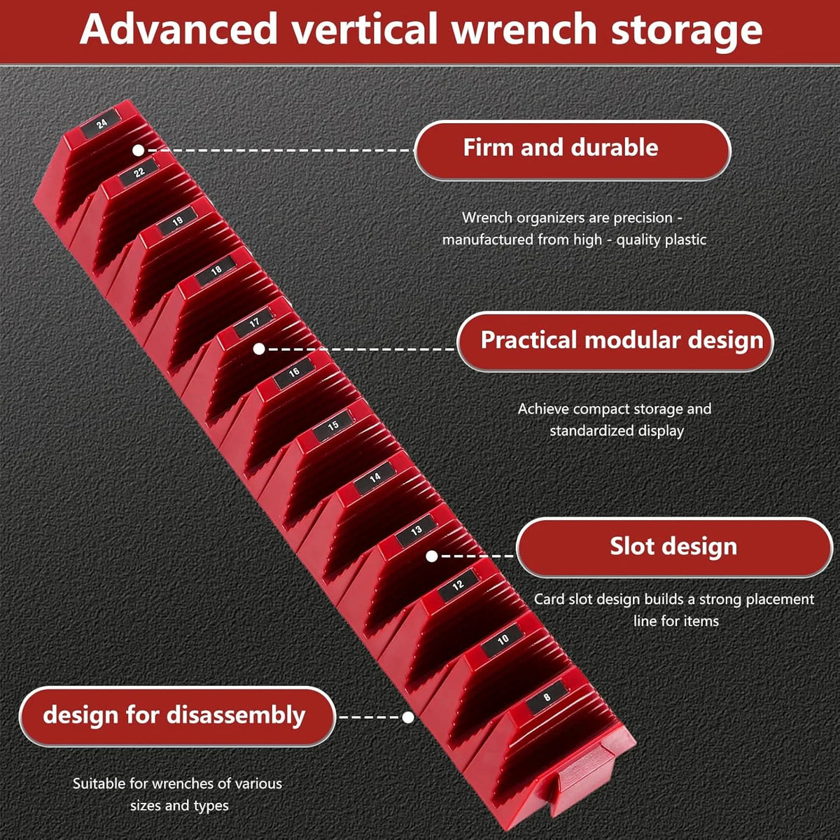 A red vertical wrench storage organizer designed for firm, durable, modular storage and easy disassembly.