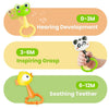 A set of baby animal rattles and teethers for infants, including a green frog, a panda, and an orange animal.