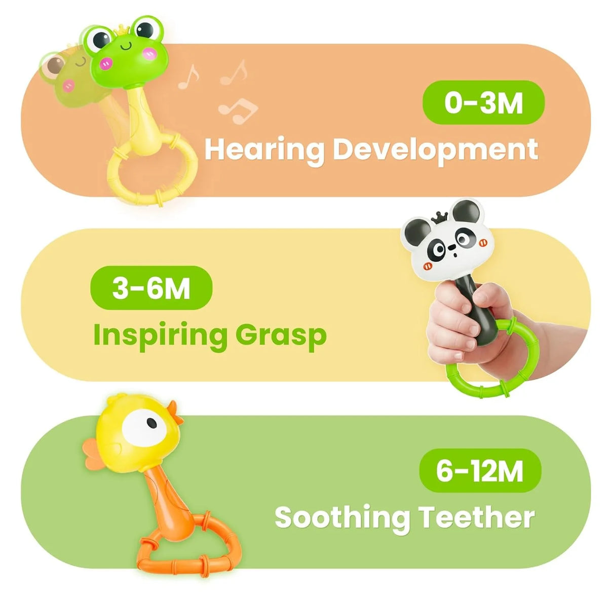 A set of baby animal rattles and teethers for infants, including a green frog, a panda, and an orange animal.