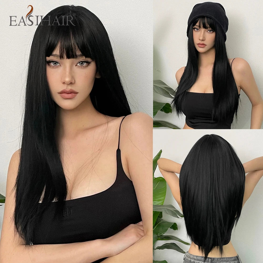 Rose Gold Layered Straight Wig with Bangs