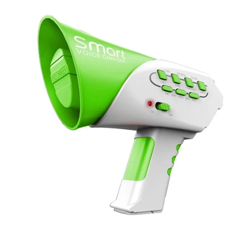 A white and lime green smart voice changer megaphone toy with a directional sound output.