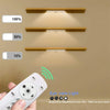 A rechargeable LED under-cabinet light fixture with three brightness levels and a remote control mounted on a beige wall.