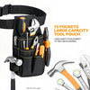Black adjustable waist tool pouch featuring 15 pockets for various tools and accessories
