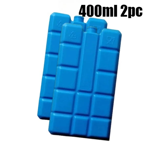 Two blue reusable gel ice blocks for coolers, stackable and leak-proof.