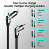 A black multi-charging cable is shown with four different charging modes, including Type-C to Type-C and USB-A to Lightning.