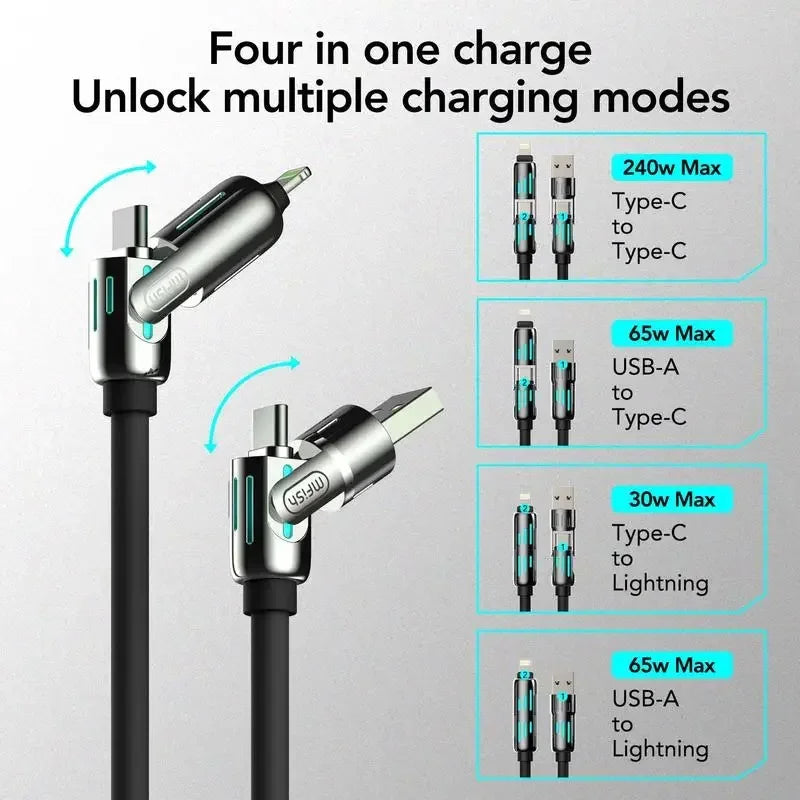 A black multi-charging cable is shown with four different charging modes, including Type-C to Type-C and USB-A to Lightning.
