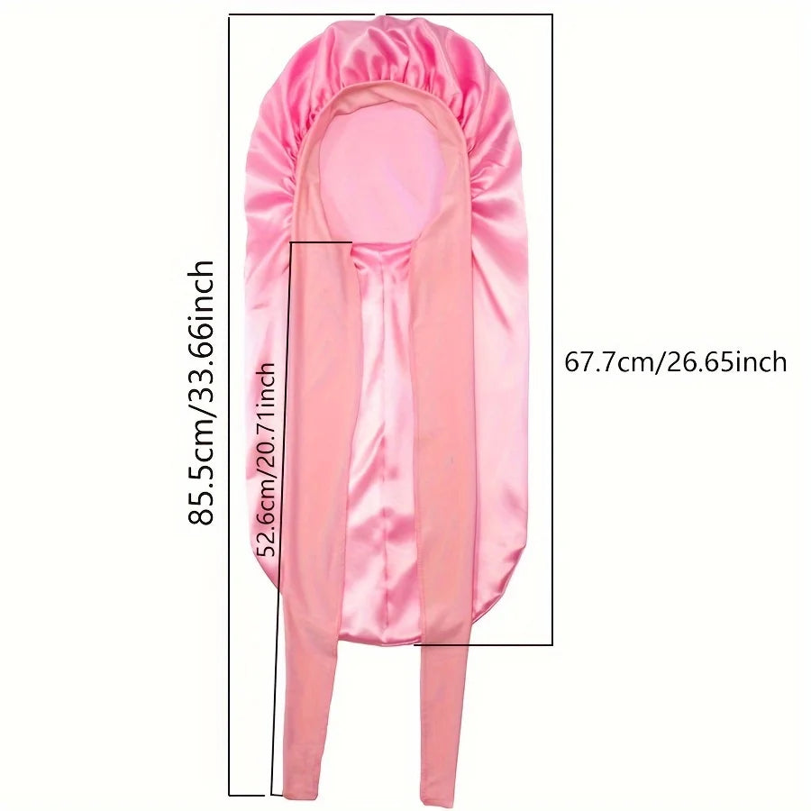 Pink satin sleep bonnet designed for long hair, braids, and dreadlocks