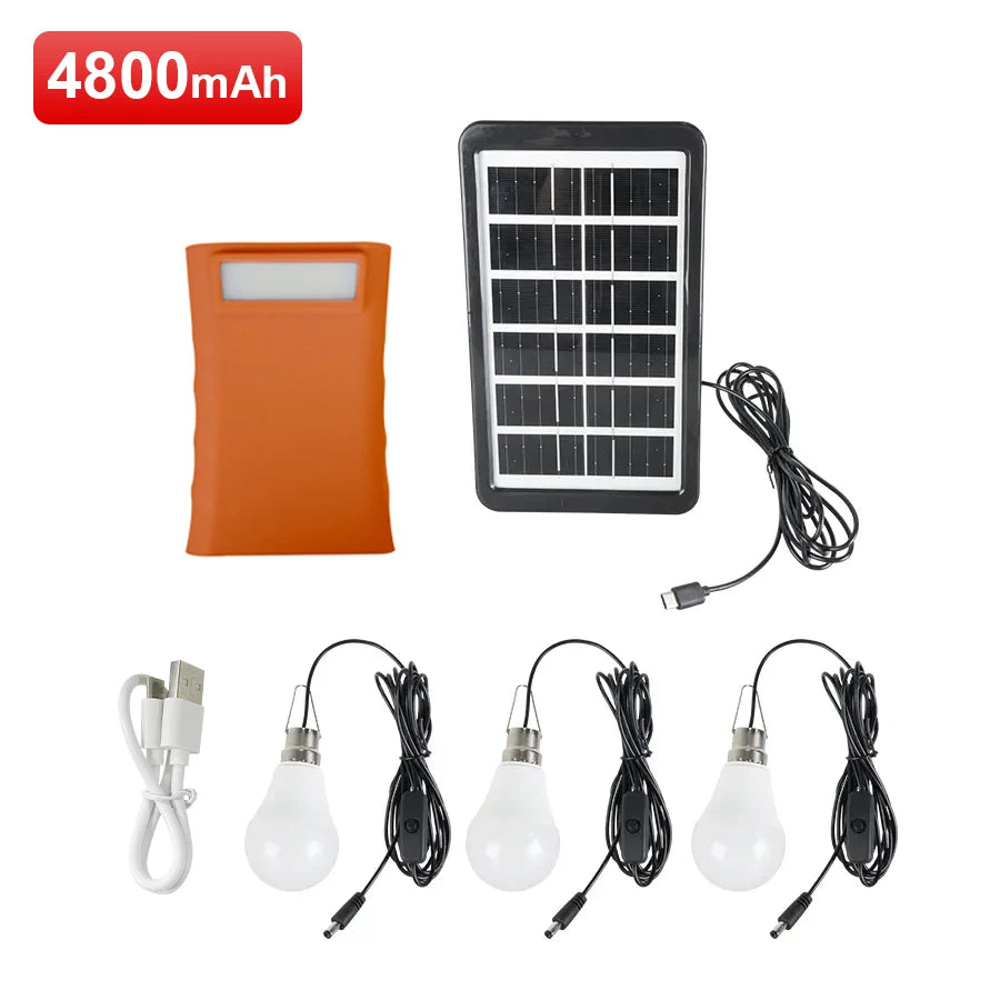 A set of solar-powered hanging LED lamps and a 4800mAh power bank with a solar panel.