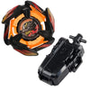 A Beyblade starter set featuring a black and orange Phoenix Wing and a drumsword component.