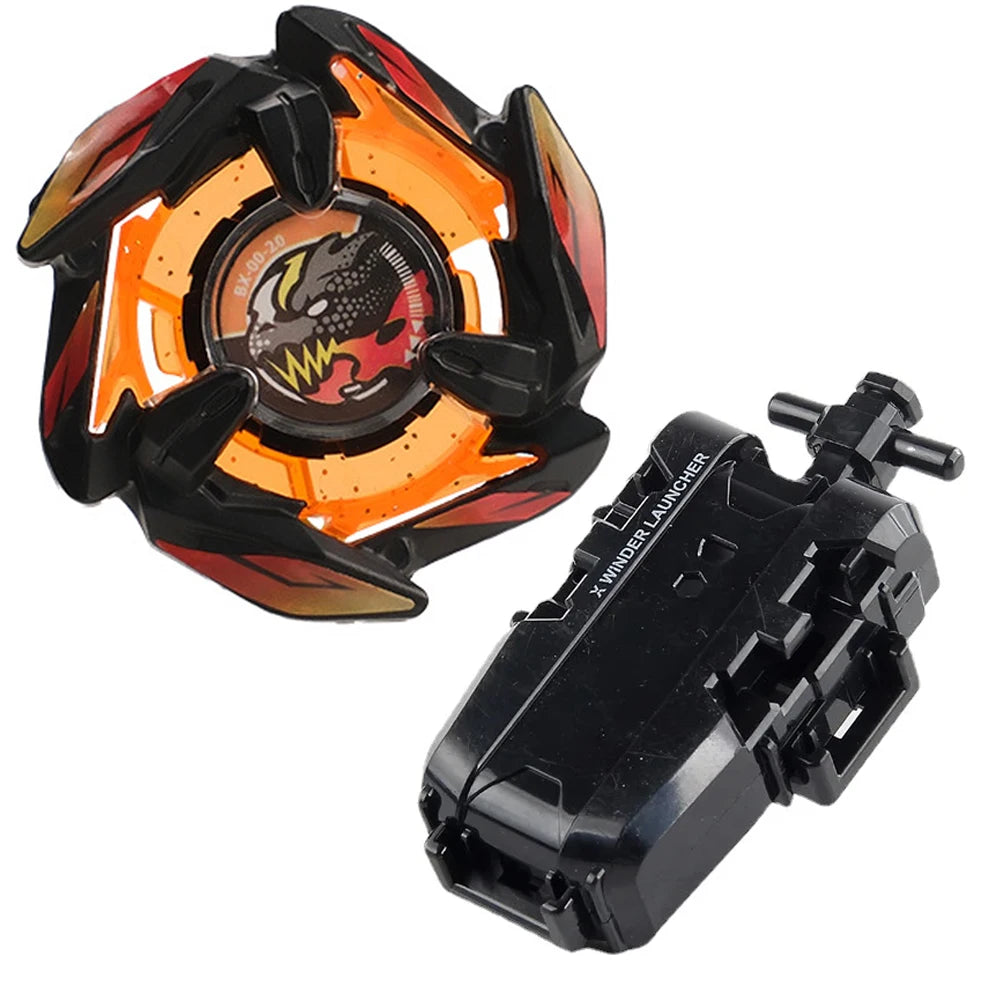 A Beyblade starter set featuring a black and orange Phoenix Wing and a drumsword component.