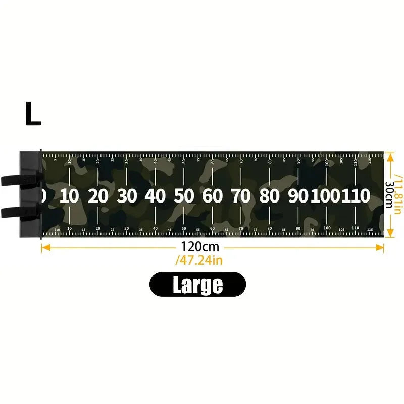 A black waterproof adhesive fishing ruler marked in centimeters and inches, labeled as large.