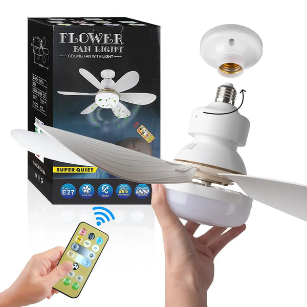 Lámpara de techo moderna LED blanca y control remoto mostrados frente a una caja de producto.