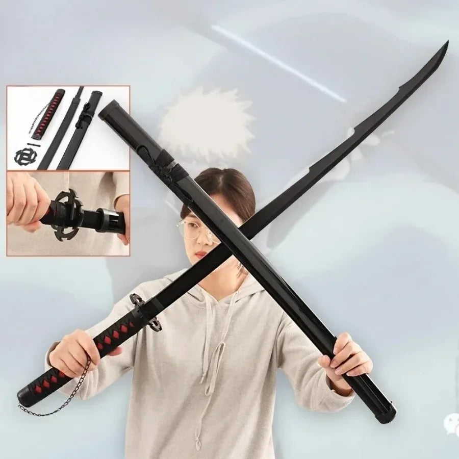 A person holds a black wooden katana replica sword with a decorative handle and chain, demonstrating the cosplay weapon.