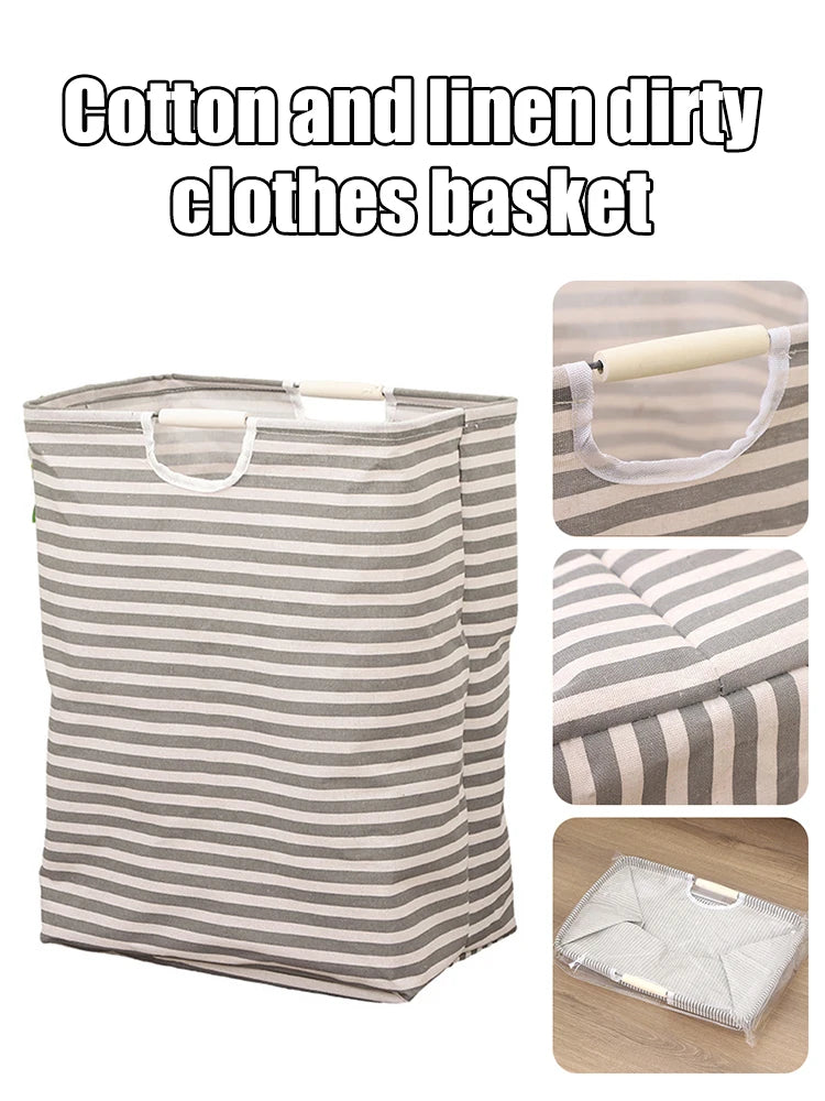 A striped cotton and linen laundry basket used for dirty clothes storage.