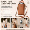 A brown compact PU leather crossbody bag shown with women using it for daily outfits and travel.