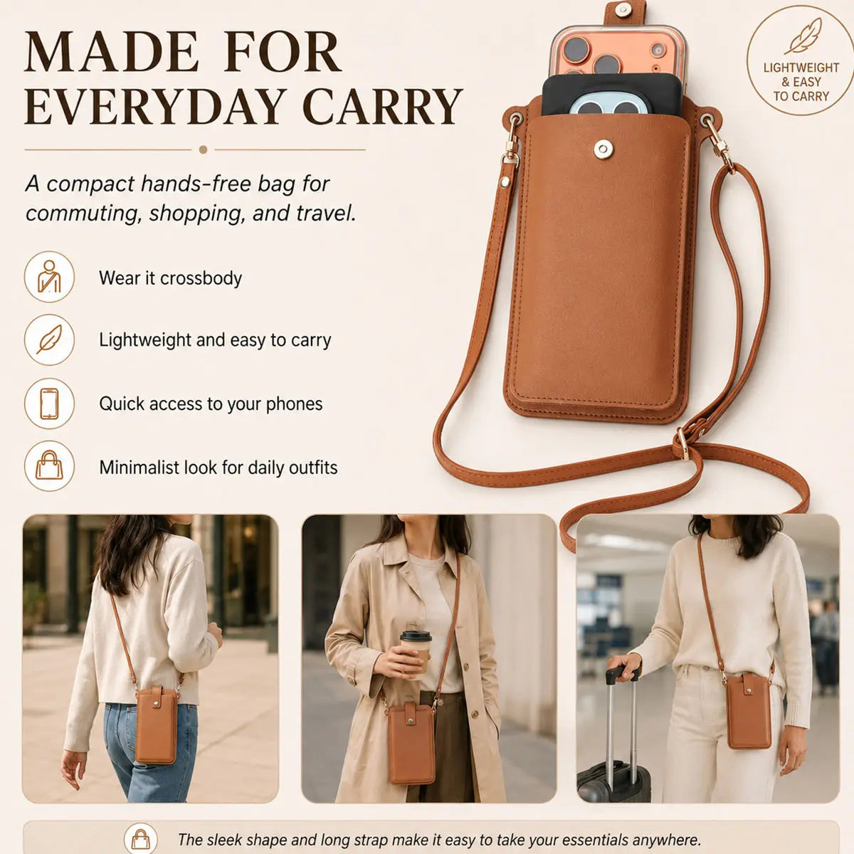 A brown compact PU leather crossbody bag shown with women using it for daily outfits and travel.