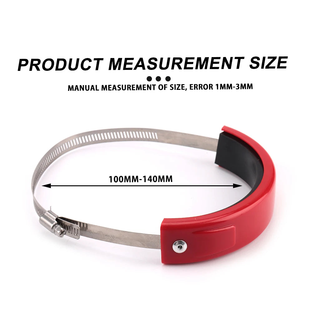 A red universal dirt bike exhaust guard measuring 100-140mm with a metal band.