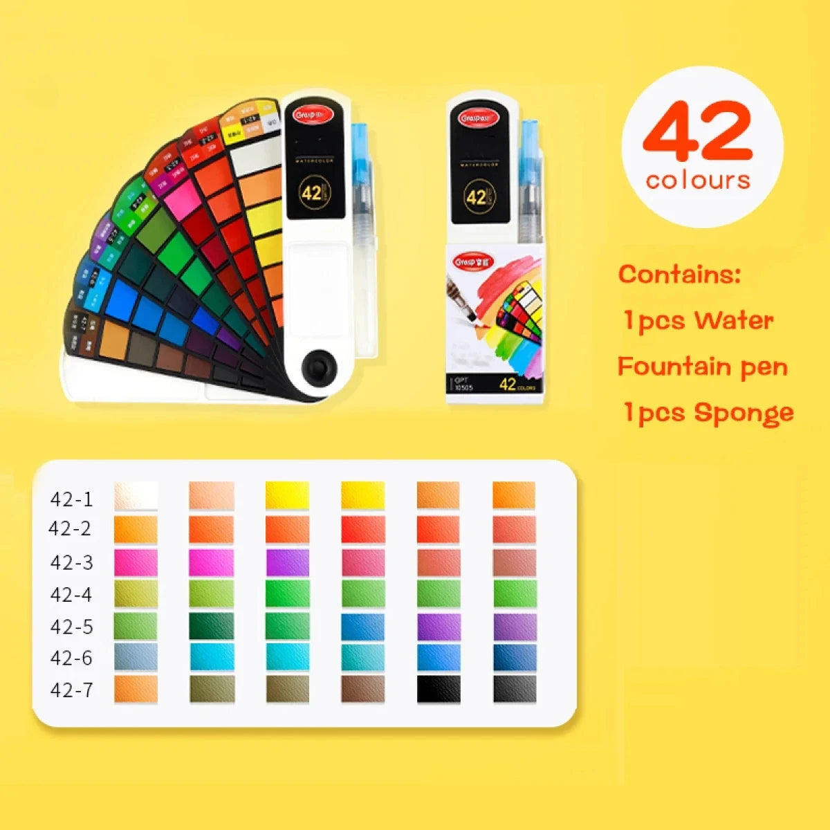 A set of 42 watercolor paint colors and a water fountain pen with a sponge for painting.