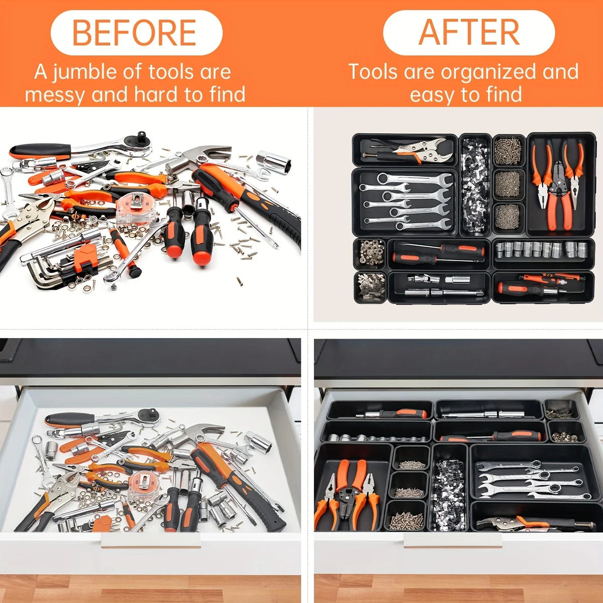 Before and after comparison of tools organized in modular drawer organizer trays