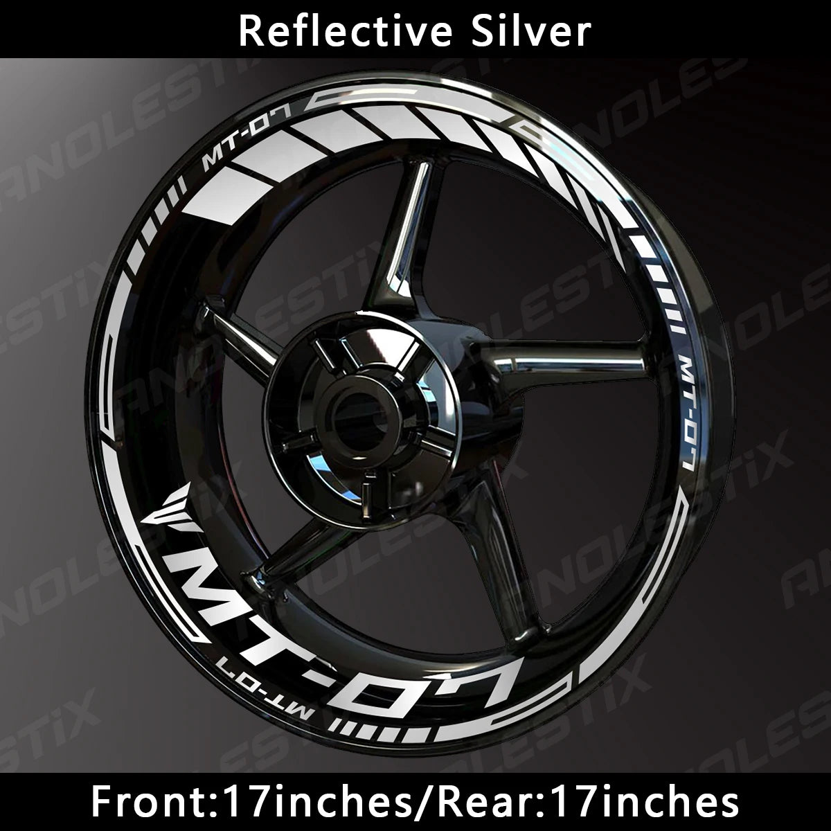 Reflective silver wheel decals for a Yamaha MT-07 custom rim stripe kit.
